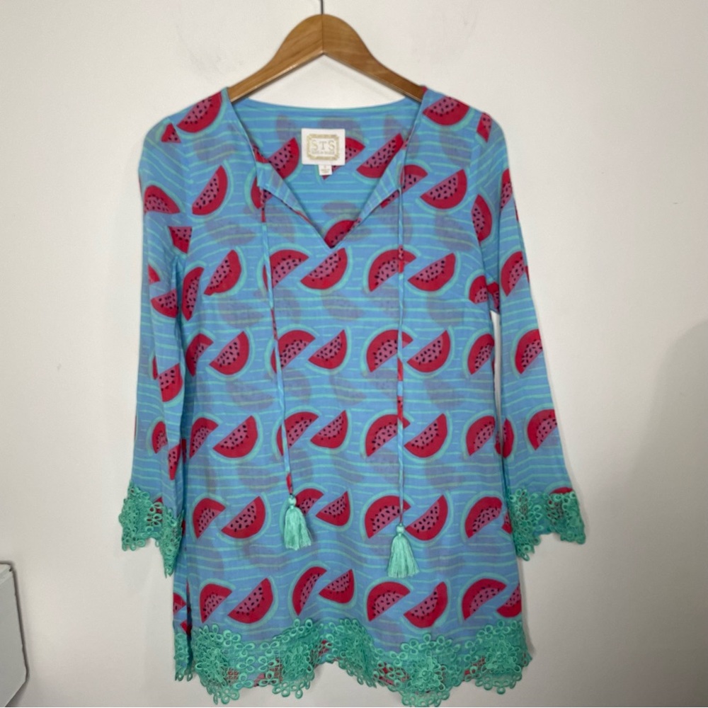 STS Sail To Sable Tunic Dress SZ S Watermelon Print Green Tassel Cotton - Picture 10 of 16